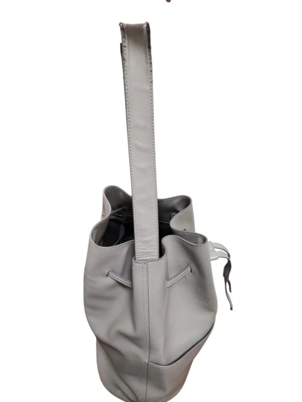 Cuyana Gray Saffiano Leather Bucket Bag Drawstring Shoulder Tote
